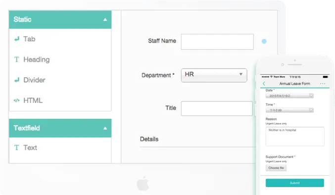 Team More Form module: drag-and-drop form builder with approval workflow